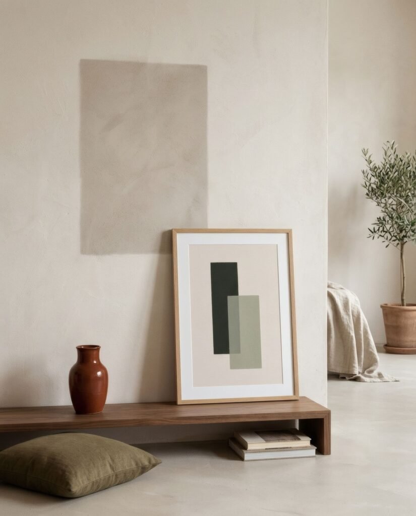 Pared con un rectángulo algo más oscuro donde antes colgaba un cuadro, que ahora está apoyado debajo