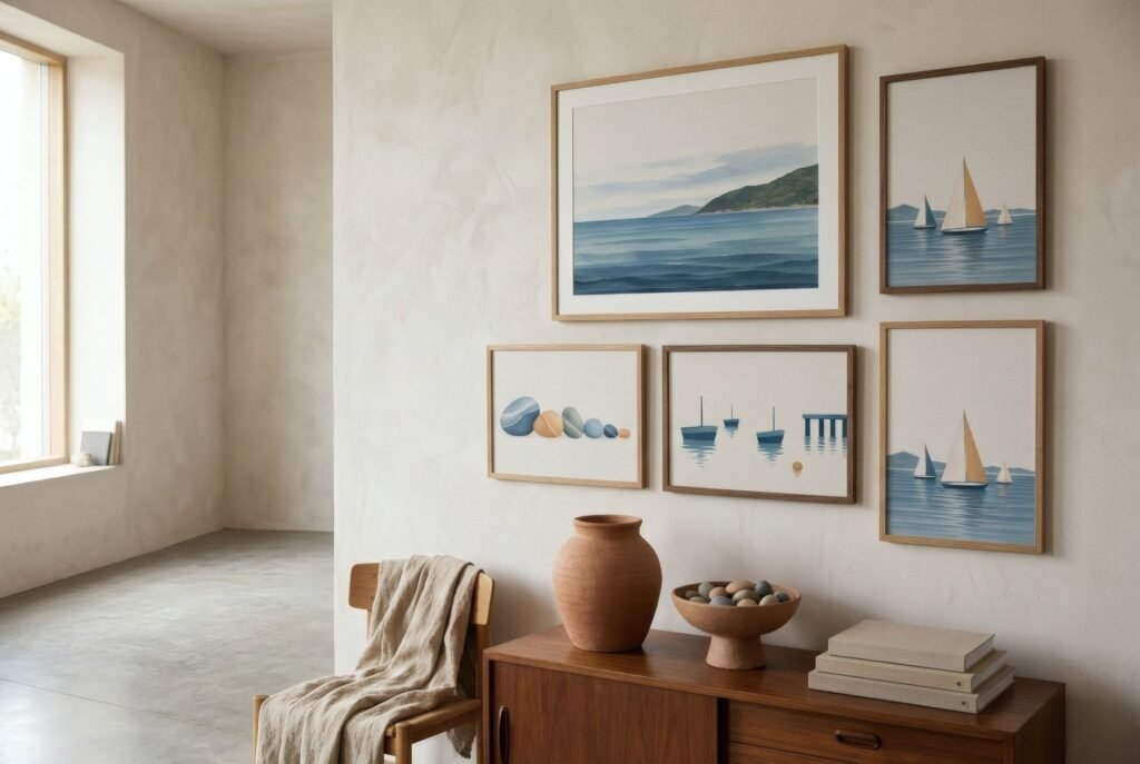 Pared de galería con cuatro láminas marinas de distintos tamaños en marcos a juego