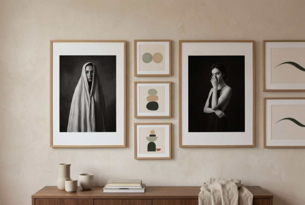 Pared de galería con láminas de colores y dos obras en blanco y negro que unen el conjunto