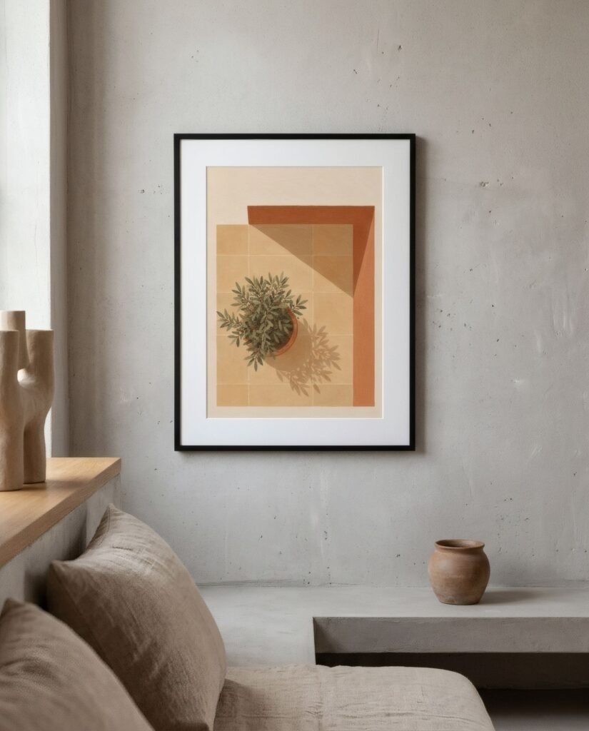 Pared de hormigón visto con una lámina en terracota y ocre en marco negro fino