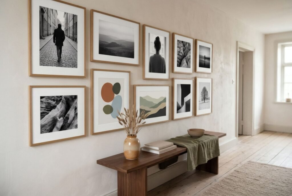Hallway wall with black-and-white photographs and two colour prints, all in matching frames with white mounts