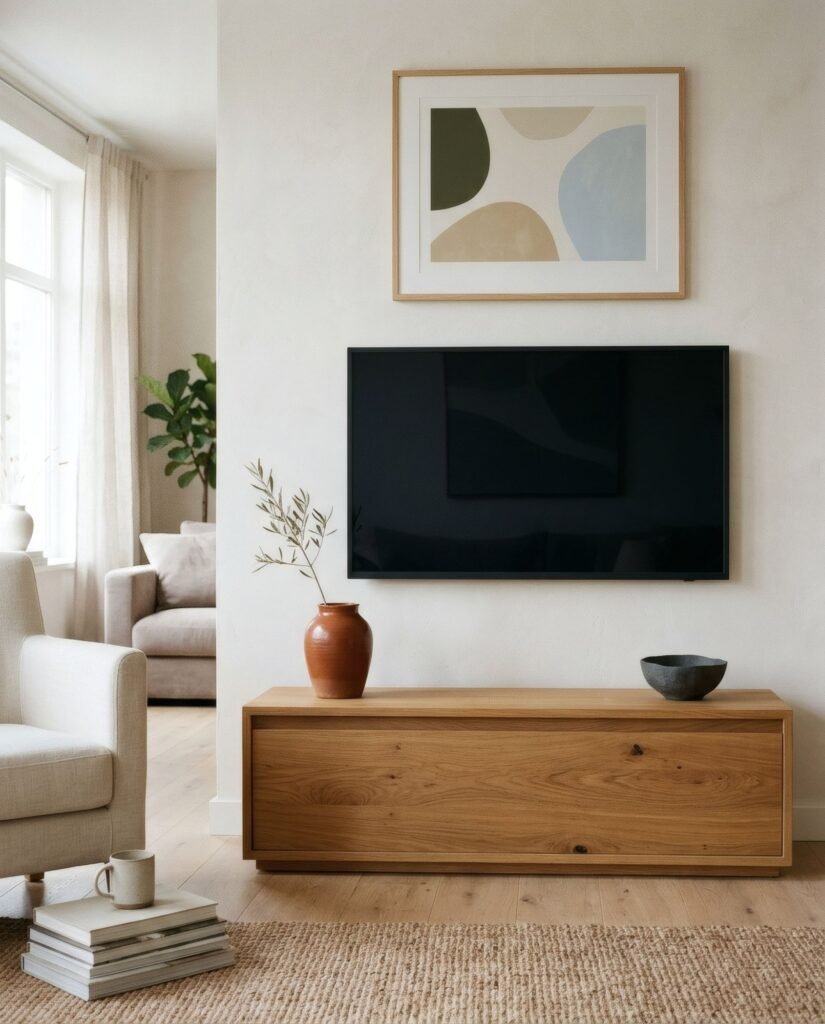 Pared de televisor despejada sobre un mueble bajo de madera con dos objetos
