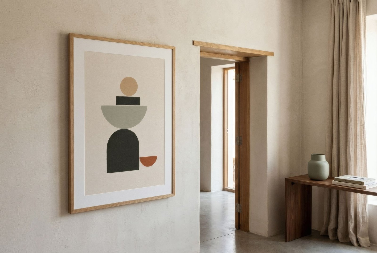 Pared encalada con una lámina vertical cuyo borde superior coincide con el dintel de la puerta contigua