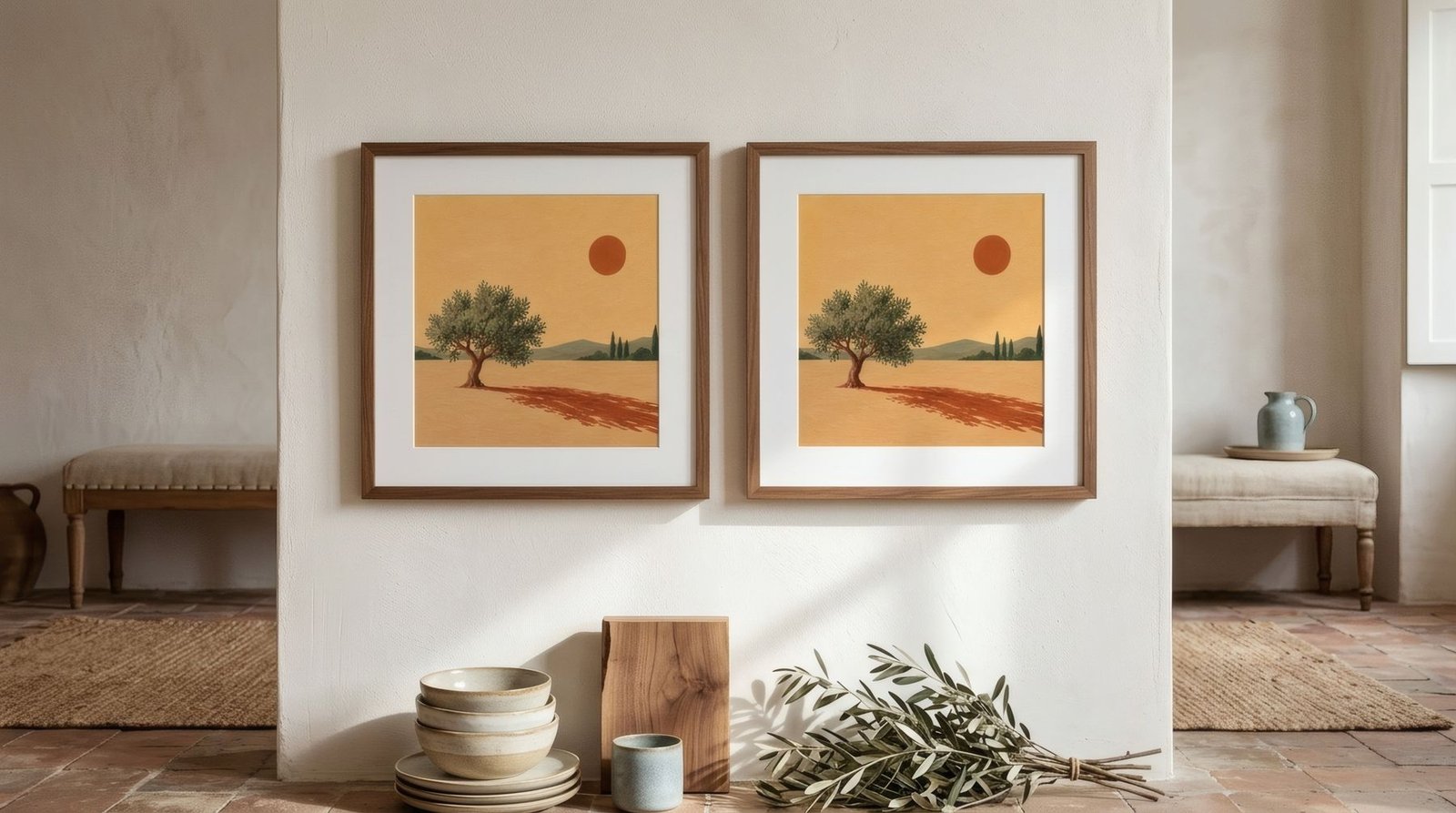 Pared encalada con una larga sombra de tarde y sin ninguna obra de arte