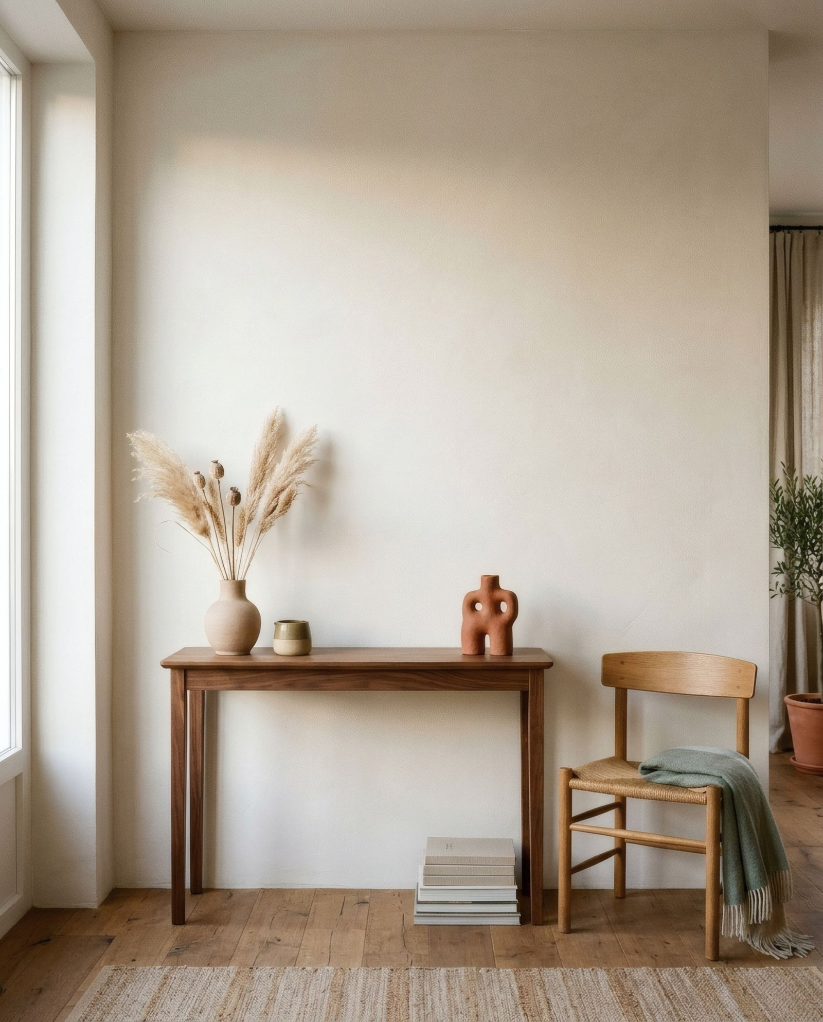 Pared vacía de una casa nueva iluminada por la luz de la tarde, con una sombra suave