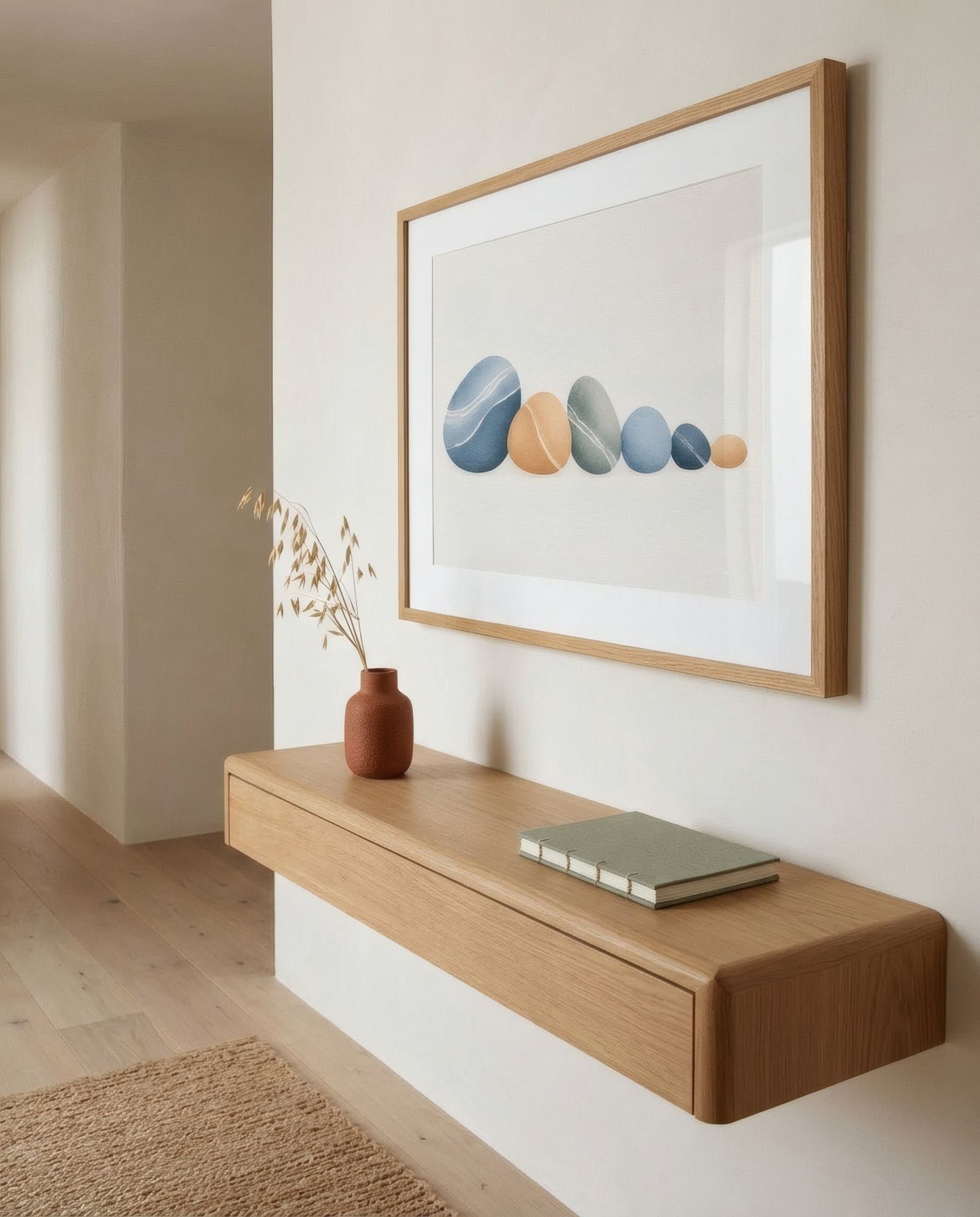 Hallway with a framed print hung above a console table