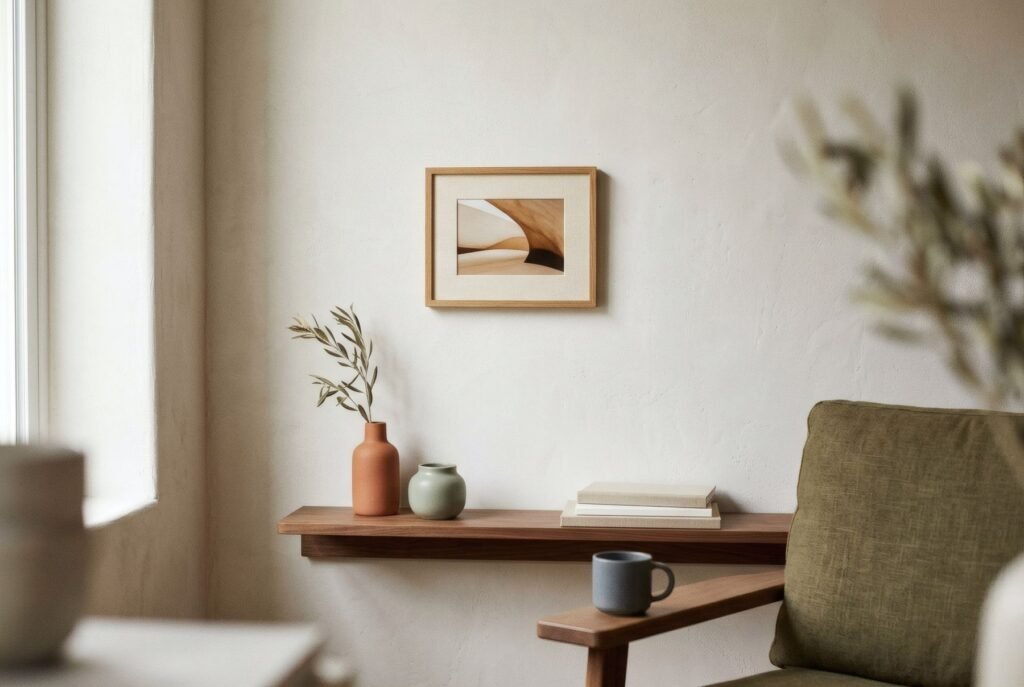 Pequeña fotografía de paisaje colgada en una pared amplia, con mucho espacio alrededor