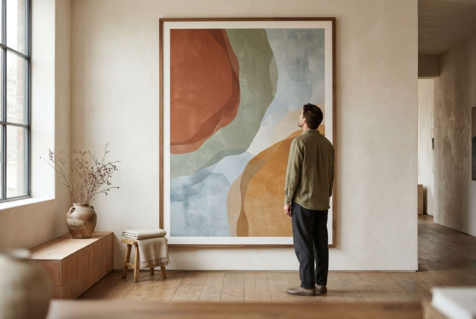 Persona de pie ante una obra enorme en una galería, que muestra la escala del cuadro