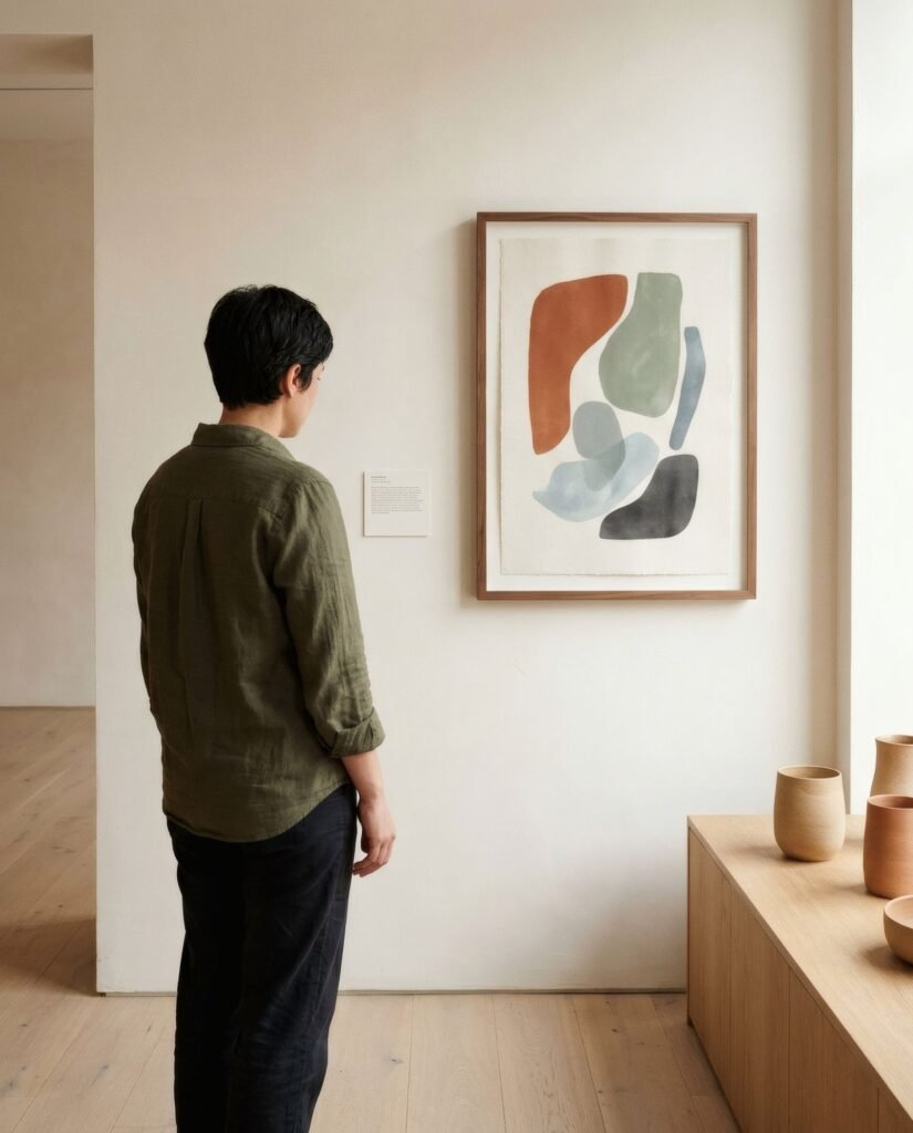 Persona leyendo la cartela de una obra en la pared de una galería, junto al cuadro