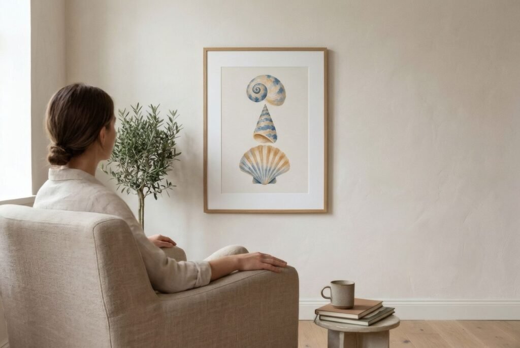 Persona sentada en un sillón mirando con calma una lámina abstracta en la pared, vista de espaldas y de lado