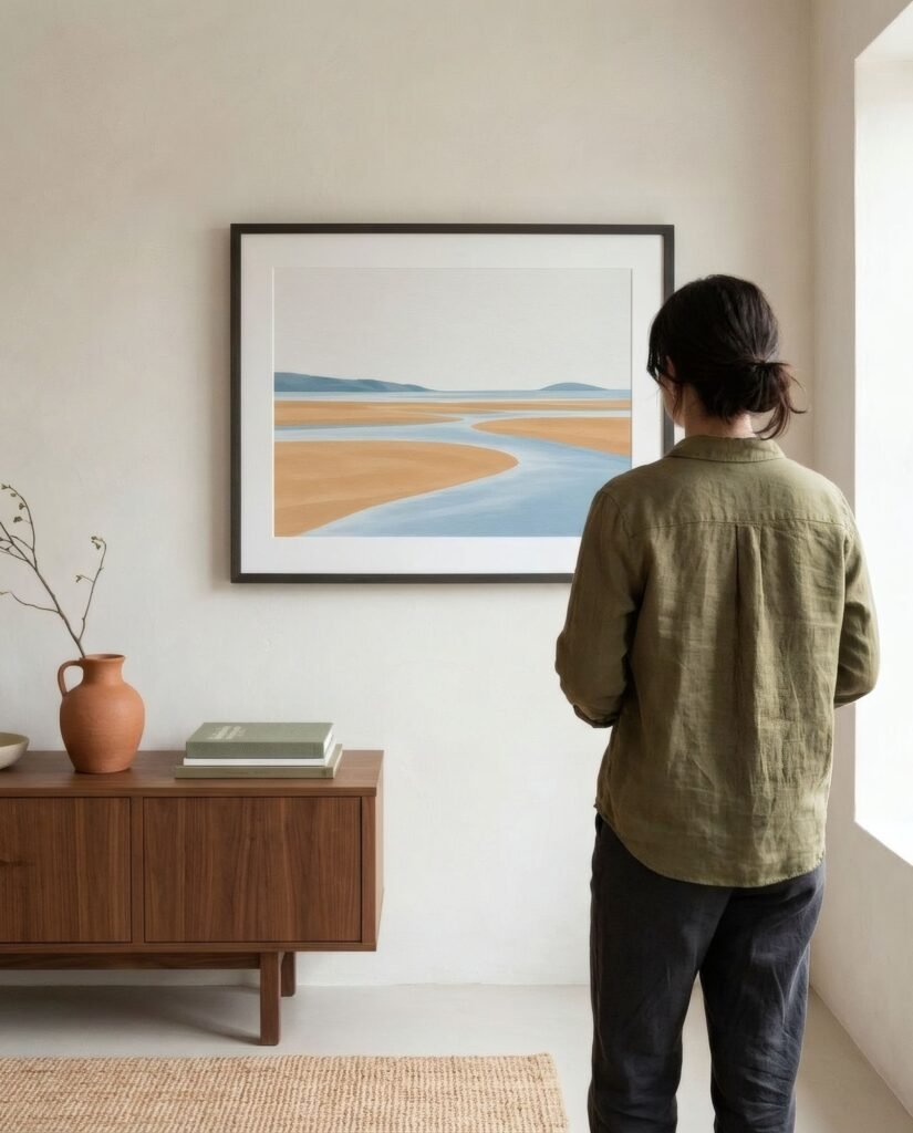 Persona vista de espaldas mirando de cerca una lámina abstracta en casa