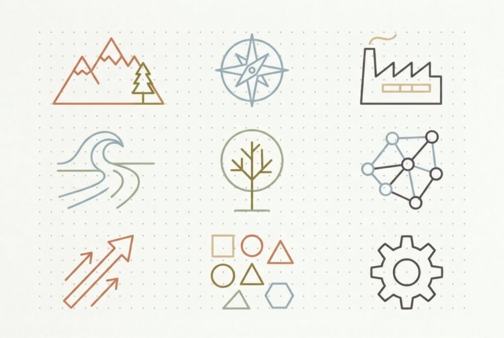 Pictogramas geométricos genéricos dispuestos sobre una cuadrícula visible