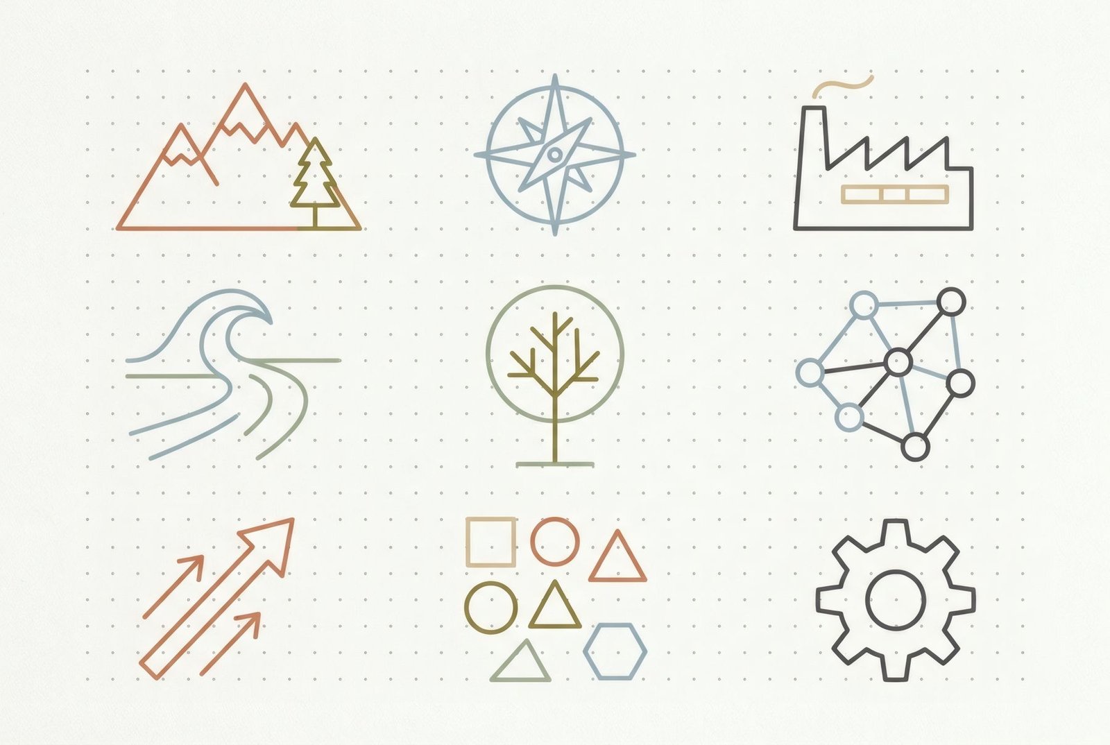 Pictogramas geométricos genéricos dispuestos sobre una cuadrícula visible