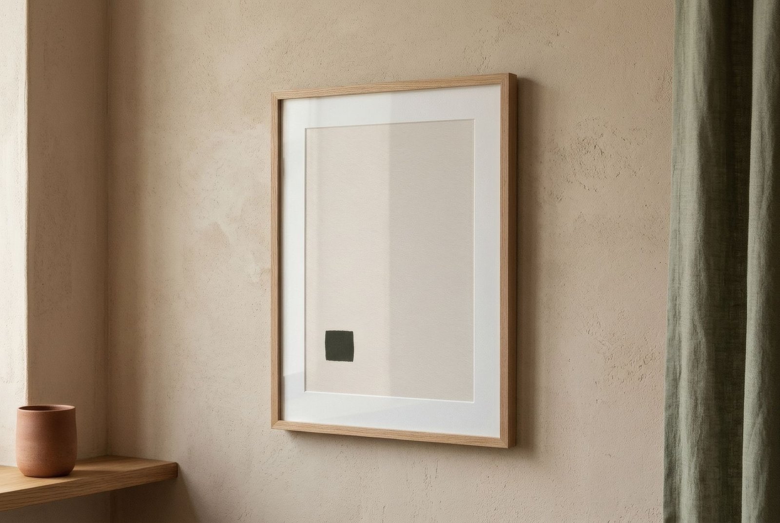 Close view of a print with a single fine charcoal line on bone paper, hanging on a sand-coloured wall