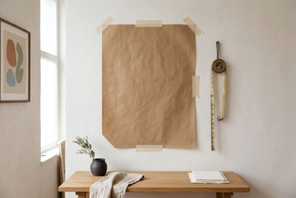 Plantilla de papel kraft pegada con cinta en una pared blanca y una cinta métrica colgando al lado