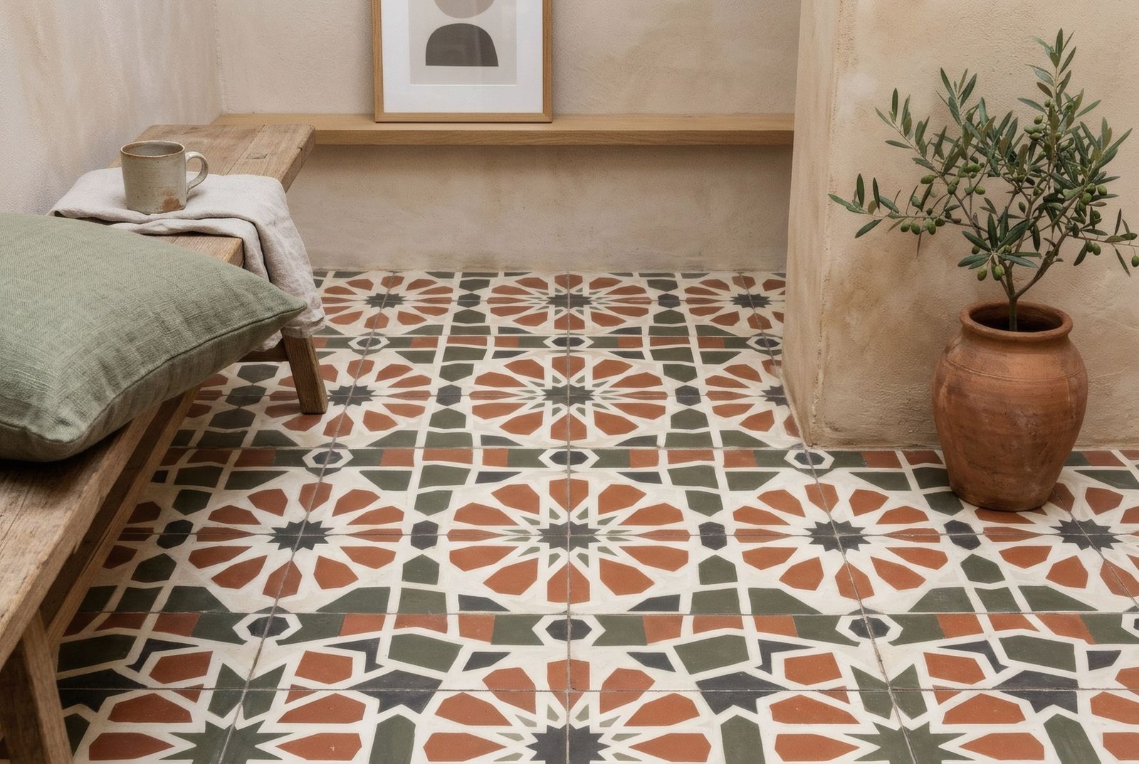 Primer plano de azulejos geométricos estampados en un patio