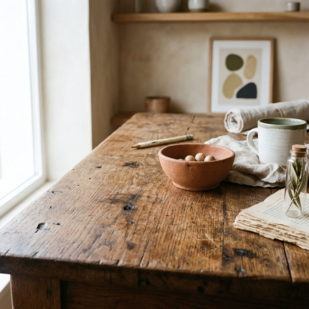 Primer plano de la superficie de una mesa de madera marcada por años de uso