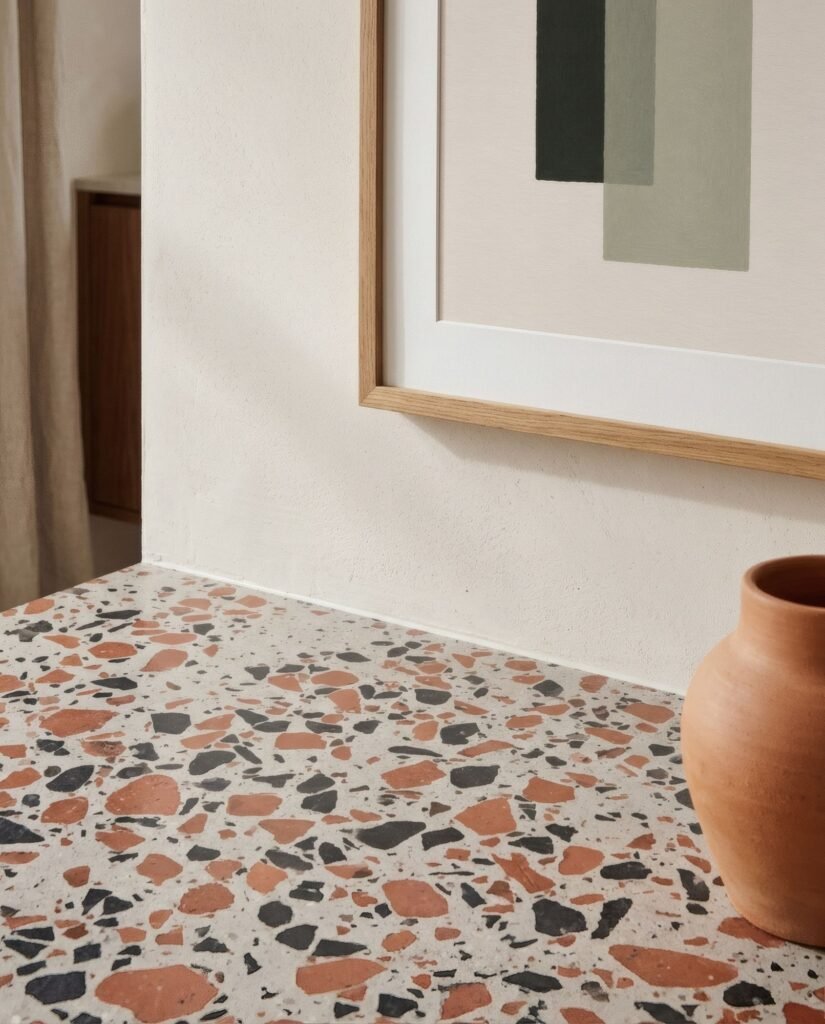 Primer plano de terrazo con fragmentos rojizos y negros y, arriba en la pared, la esquina de una lámina terracota