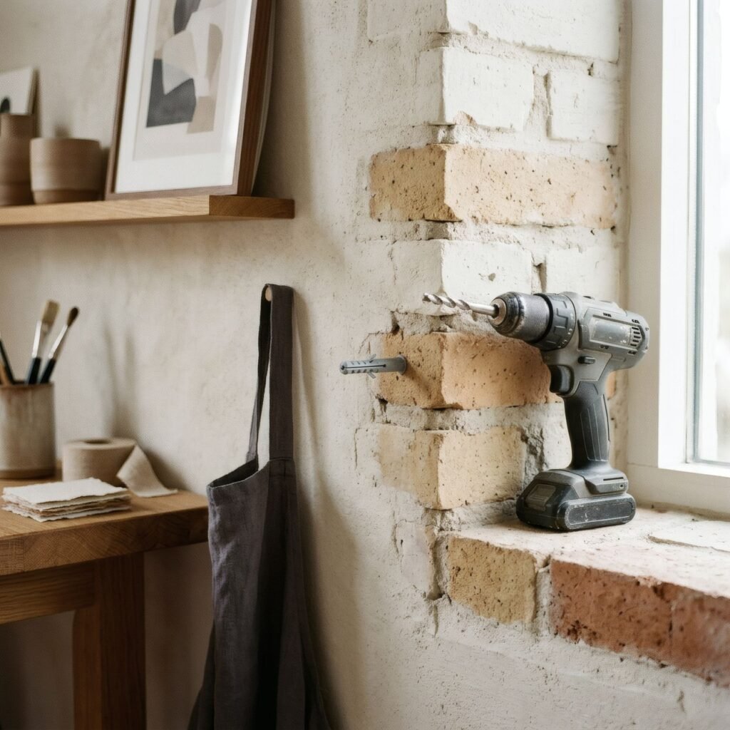 Primer plano de un taco en la junta de mortero de una pared de ladrillo, con un taladro al lado