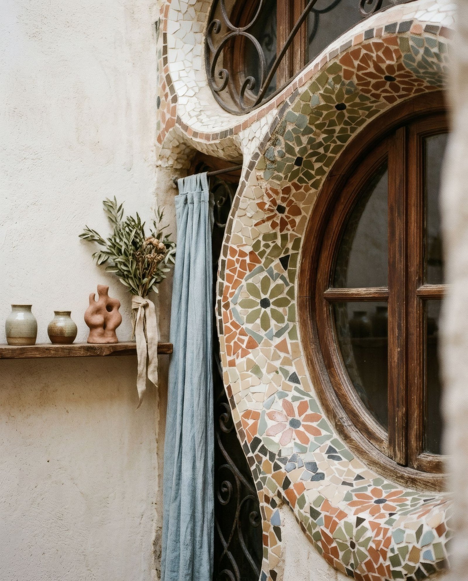 Primer plano del detalle de una fachada modernista con mosaico de trencadís