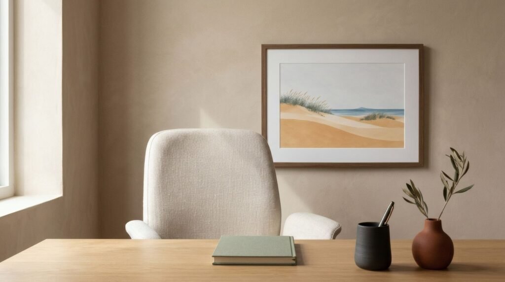 Punto de vista de videollamada: silla de escritorio vacía y, detrás, una pared con una lámina algo desplazada del centro