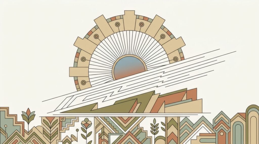Rasgos del Art Déco: sol estilizado, líneas de velocidad, geometría escalonada y degradado suave