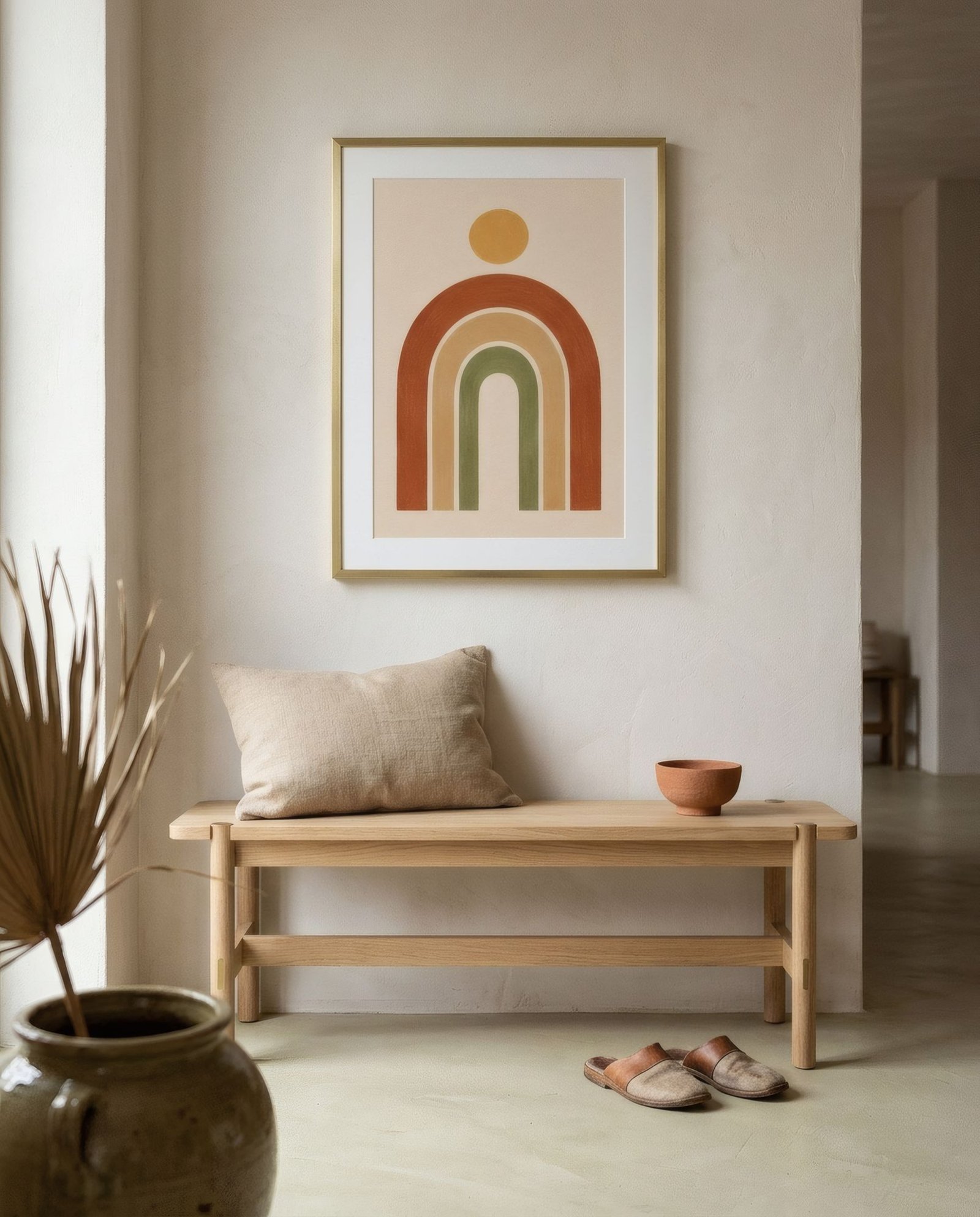Recibidor con banco de madera clara, detalles de latón y lámina de inspiración art déco con sol y arcos en degradados suaves