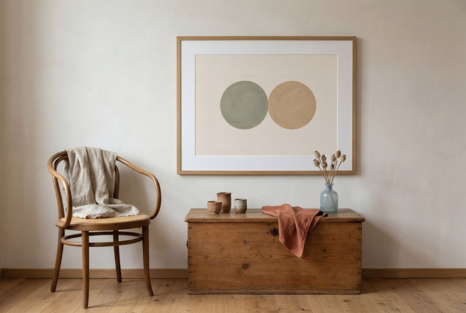 Rincón con una silla de madera curvada, un arcón antiguo de pino y una lámina abstracta
