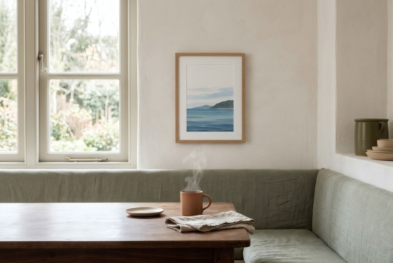 Breakfast nook by a window with a steaming coffee cup and a small bright A4 print hung at seated eye level