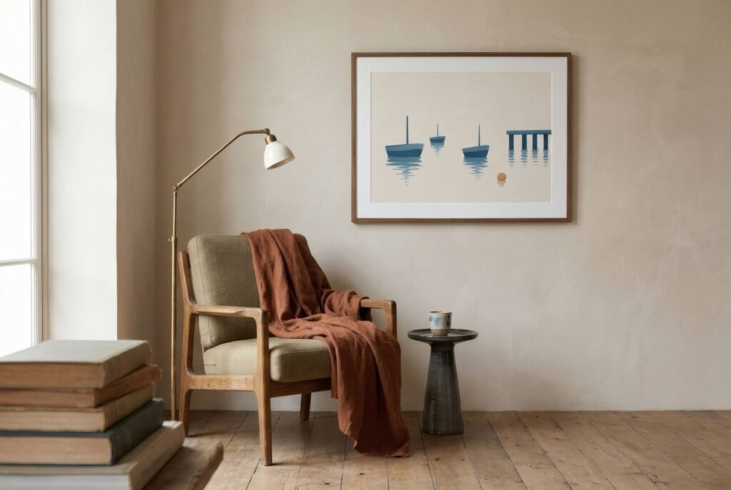 Rincón de lectura con sillón, lámpara de pie, pila de libros y una lámina serena en la pared