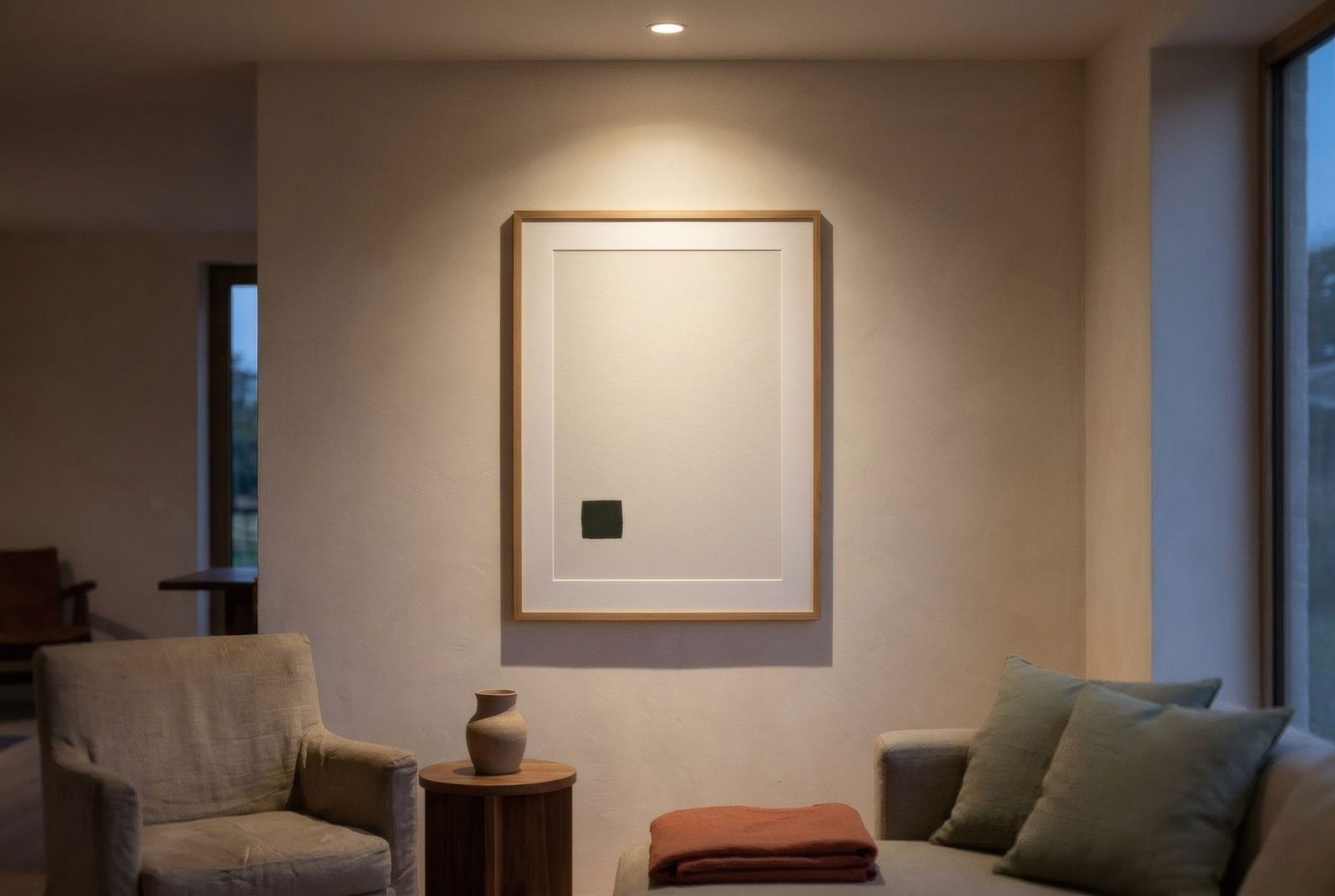Salón al anochecer con una lámina enmarcada iluminada por un único foco cálido de techo