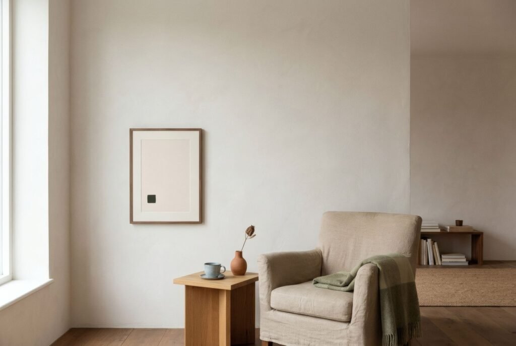 Spacious living room, large empty white wall, small A4 wide-mount print hung low beside a reading armchair