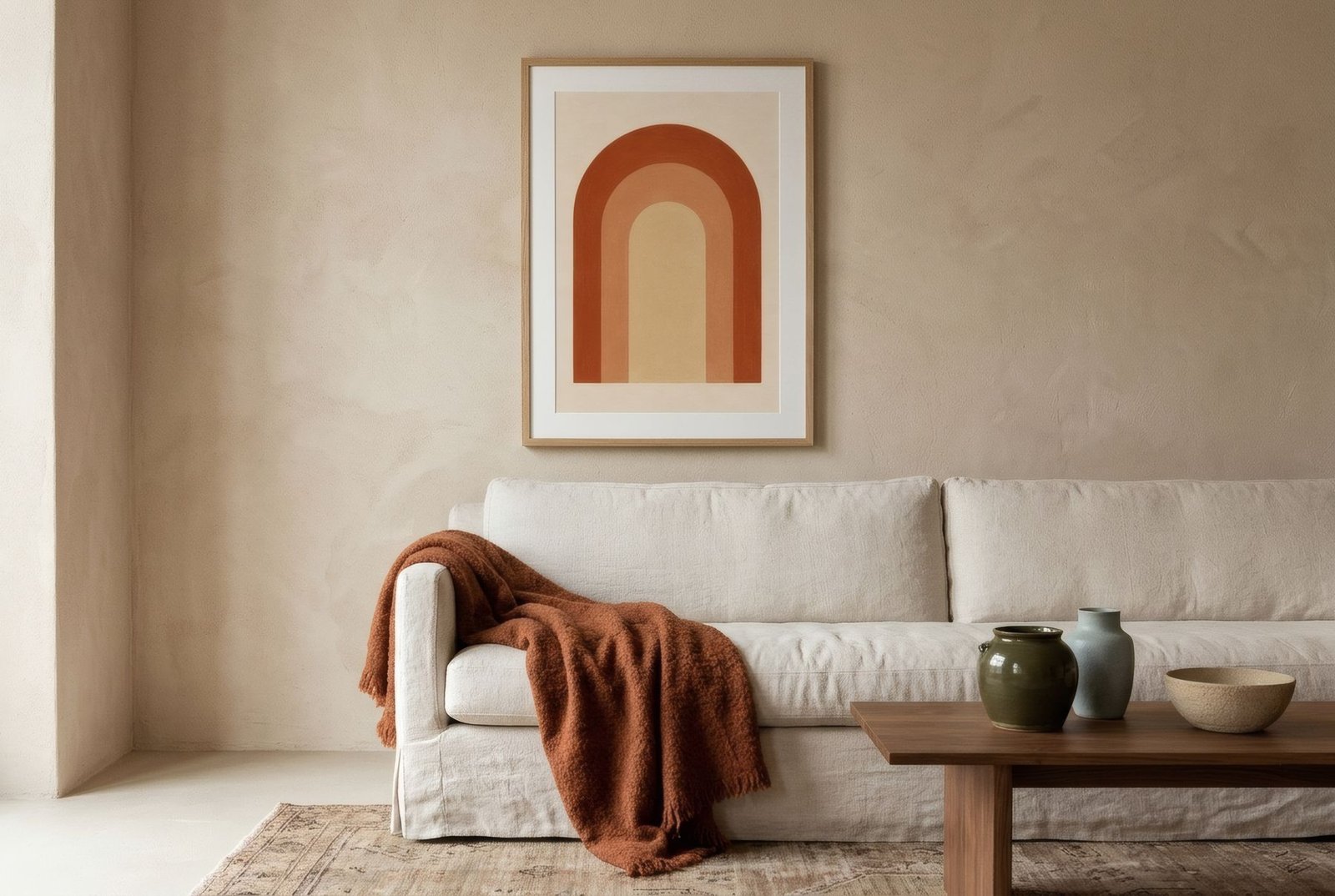 Salón blanco luminoso con una lámina grande terracota en marco de roble sobre el sofá y una manta de lana