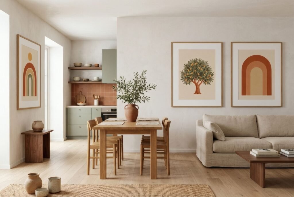 Salón-comedor-cocina abiertos con tres láminas principales, una por zona, en una paleta terracota y arena