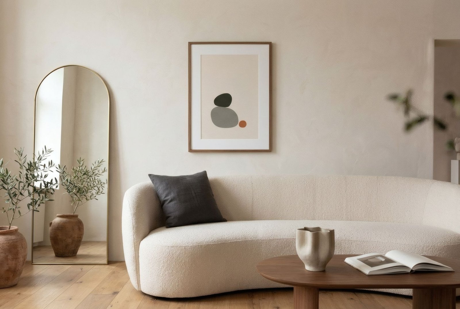Salón con sofá curvo de bouclé, espejo arqueado y una lámina de formas orgánicas suaves, como guijarros, en la pared