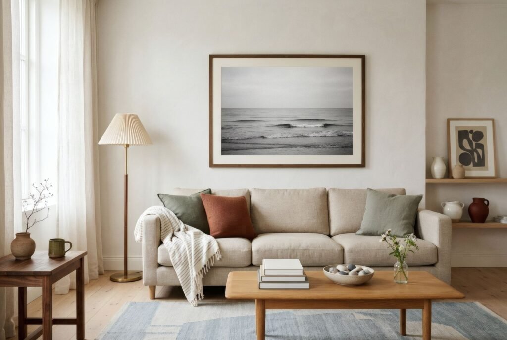 Salón con una gran fotografía en blanco y negro de un mar en calma sobre el sofá