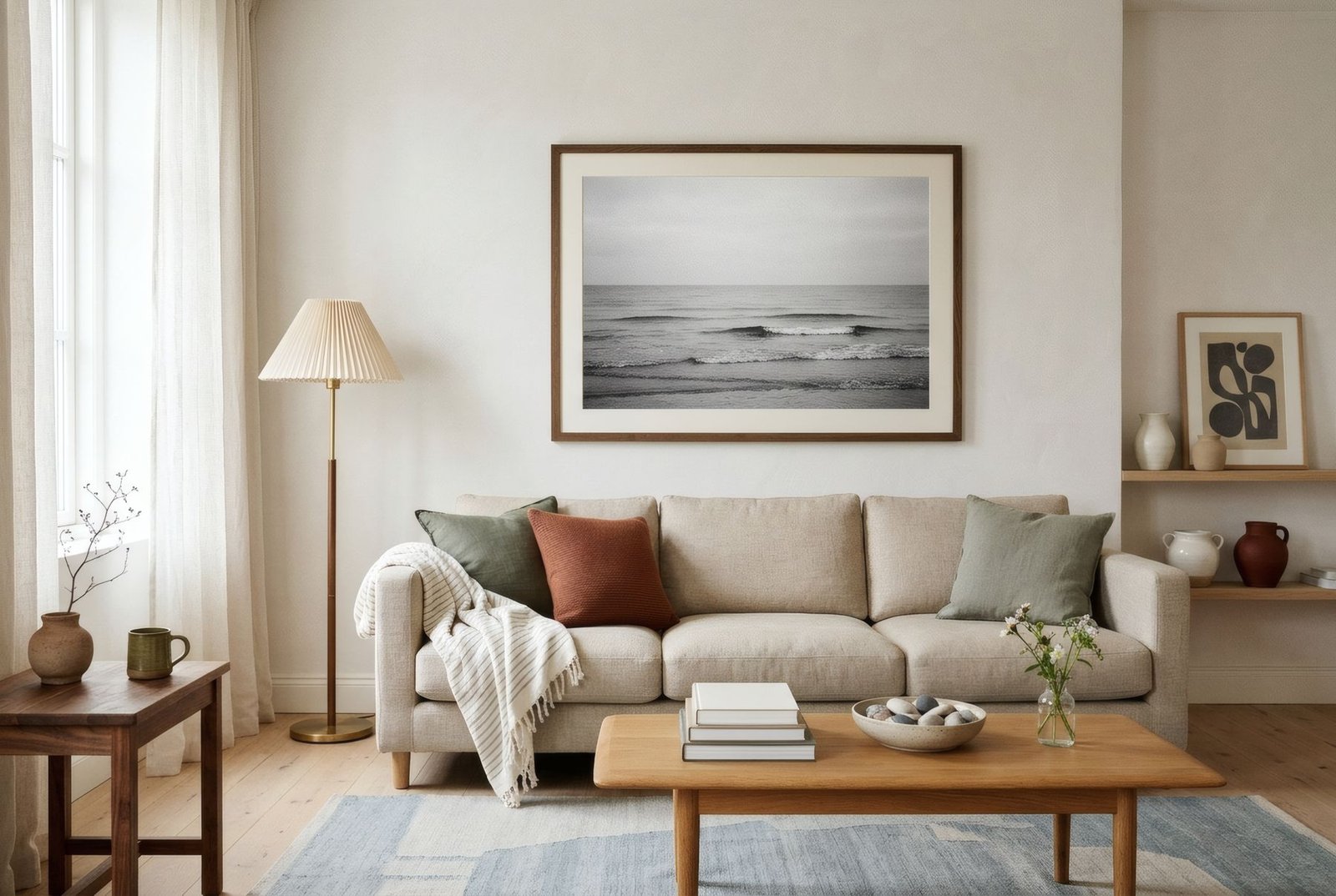 Salón con una gran fotografía en blanco y negro de un mar en calma sobre el sofá