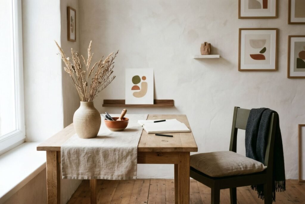 Salón con una lámina enmarcada sobre el sofá, composición equilibrada y paredes claras