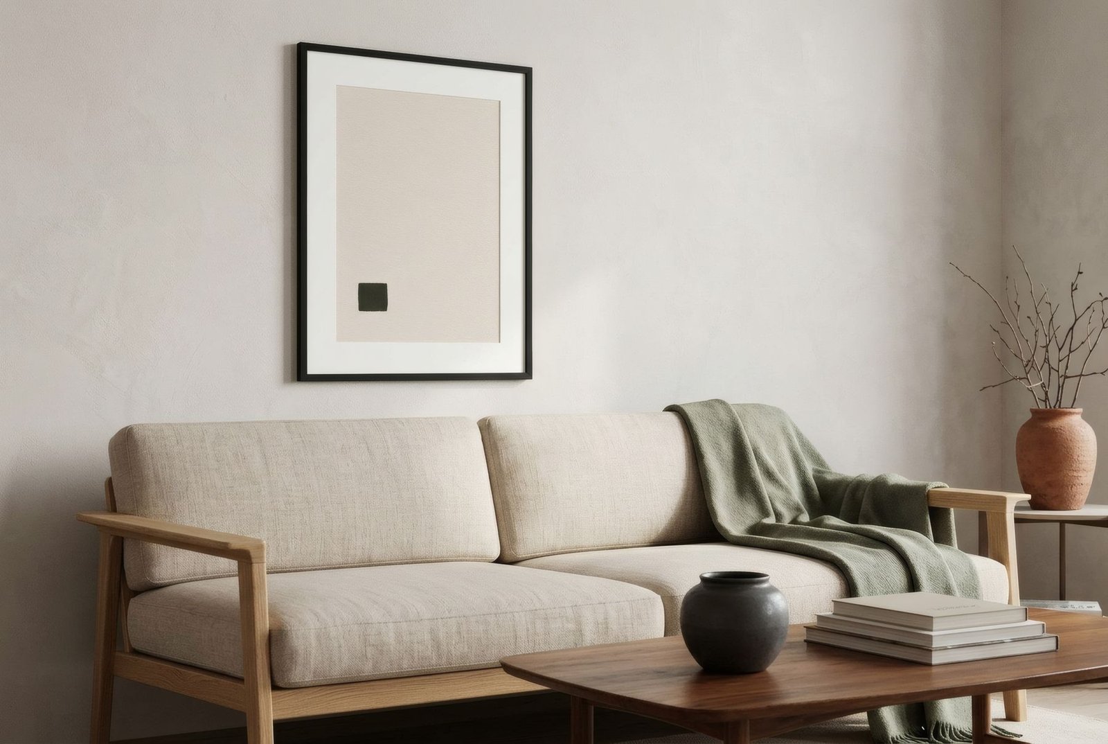 Salón contemporáneo con póster de estilo vintage de sol estilizado y formas geométricas, marco negro, sobre un sofá