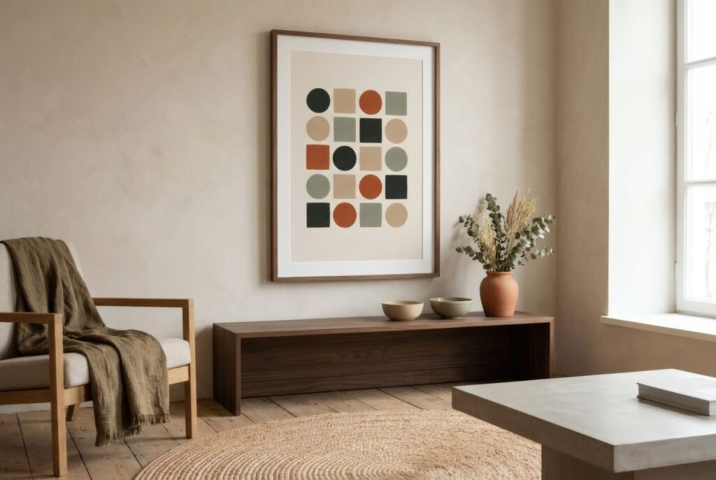Salón contemporáneo con una lámina abstracta geométrica en la pared
