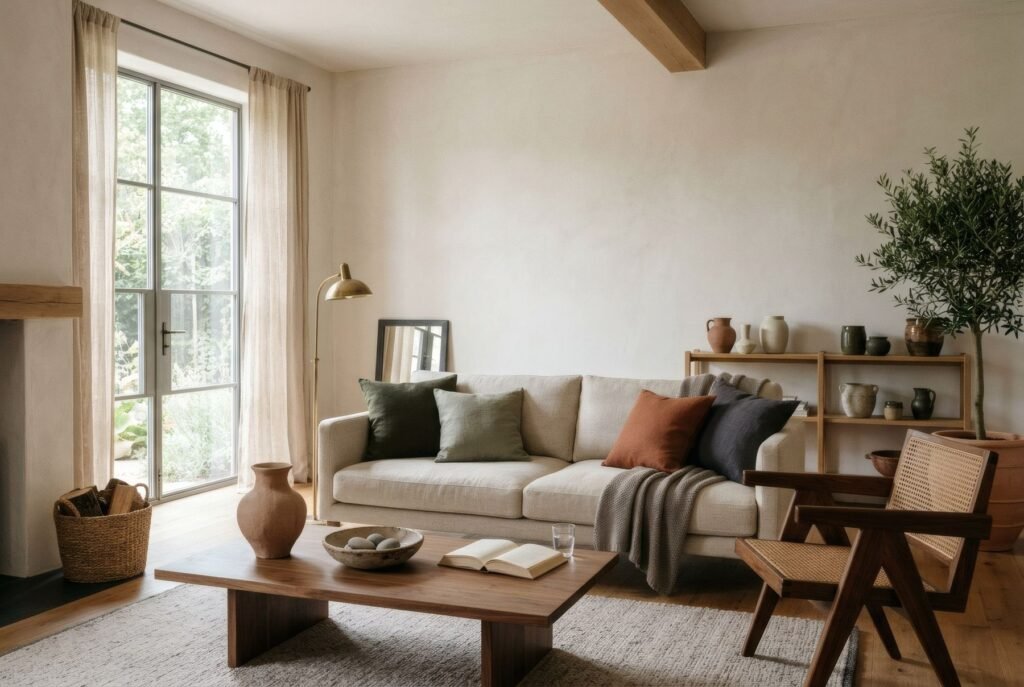 Salón de tonos neutros con sofá claro y pared lisa sin ningún cuadro, a la espera de una obra