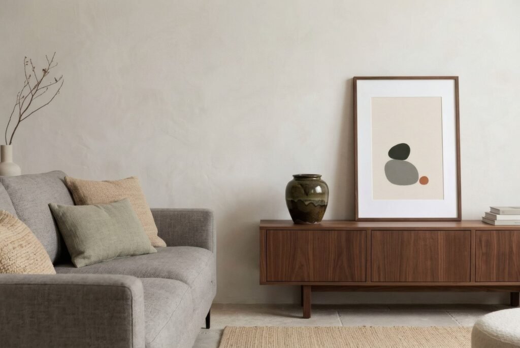 Salón japandi con sofá bajo gris piedra y aparador de nogal; apoyada a la derecha, lámina vertical con forma carbón