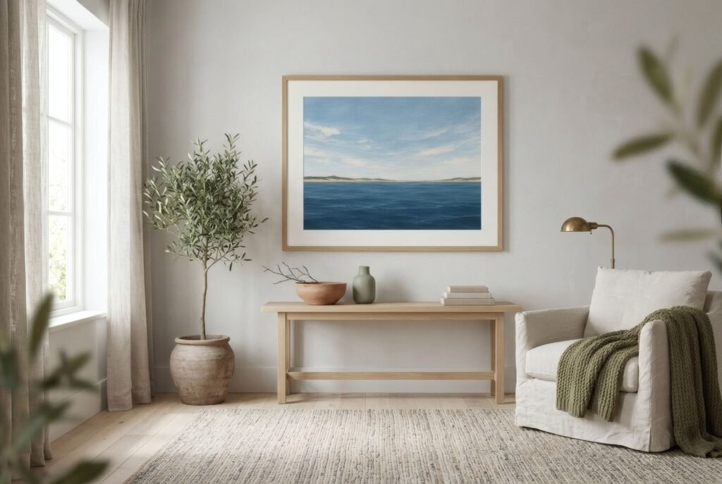 Salón luminoso con lino lavado, madera clara y una lámina abstracta de horizonte en azul y arena, luz de mar