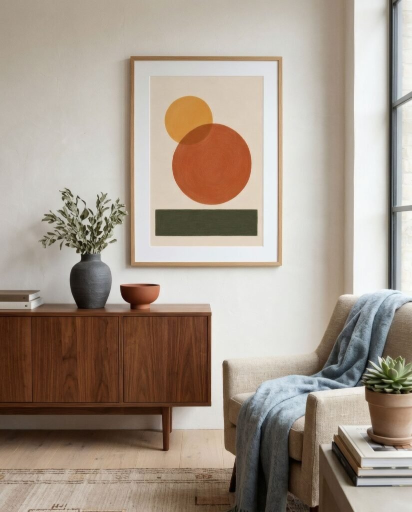 Salón luminoso con una lámina de formas recortadas en colores planos colgada en la pared