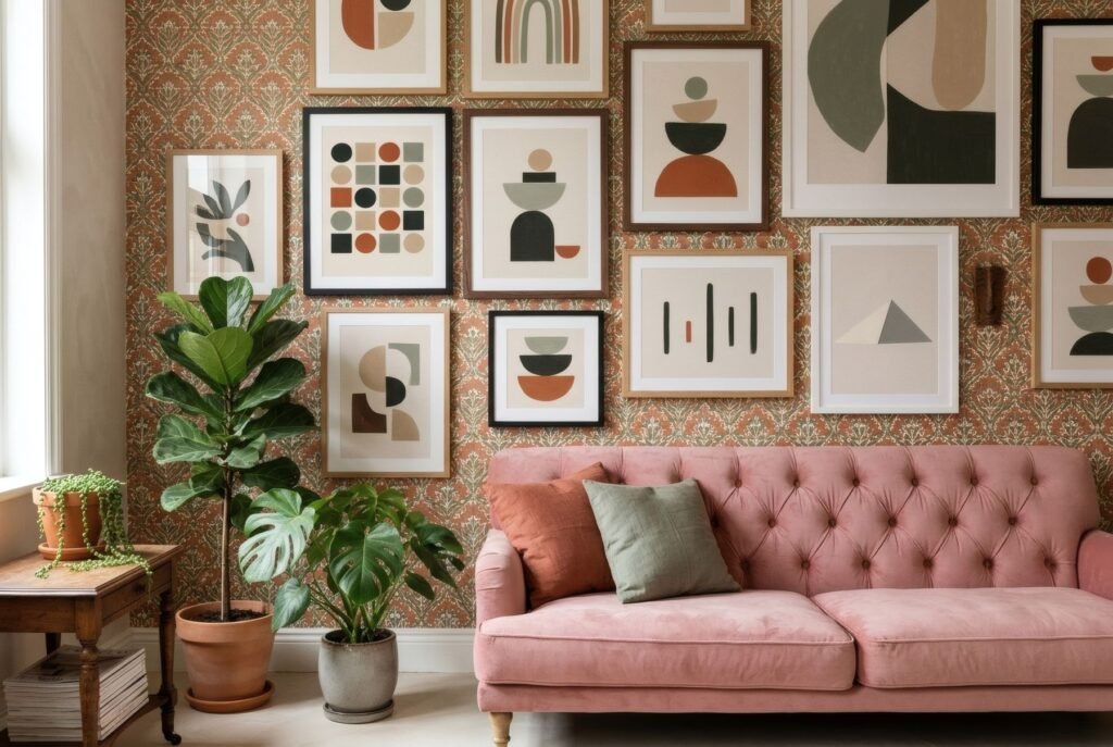 Salón maximalista con galería de láminas del suelo al techo sobre papel pintado estampado, sofá de terciopelo rosa y plantas