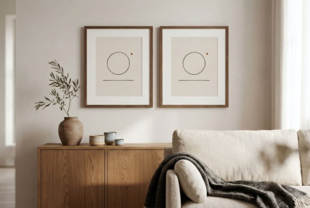 Salón monocromo en tono avena con sofá de lino, manta de lana, madera veteada y lámina abstracta hueso y carbón
