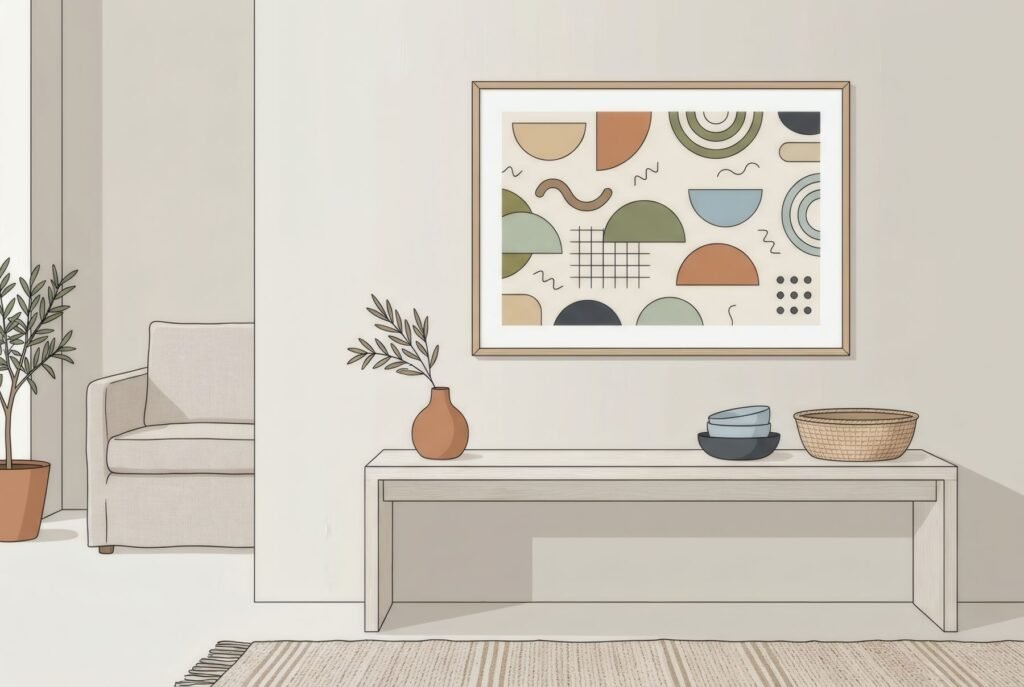 Salón neutro con una lámina de inspiración Memphis de formas geométricas coloridas en la pared