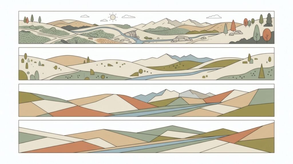 Secuencia de cuatro paneles: un paisaje de colinas que se simplifica poco a poco hasta quedar en planos abstractos