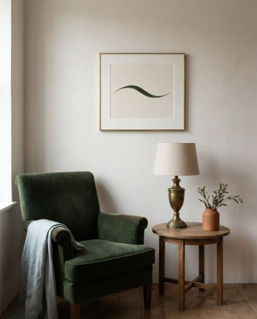 Sillón de terciopelo verde, lámpara de latón y una lámina colgada a su lado
