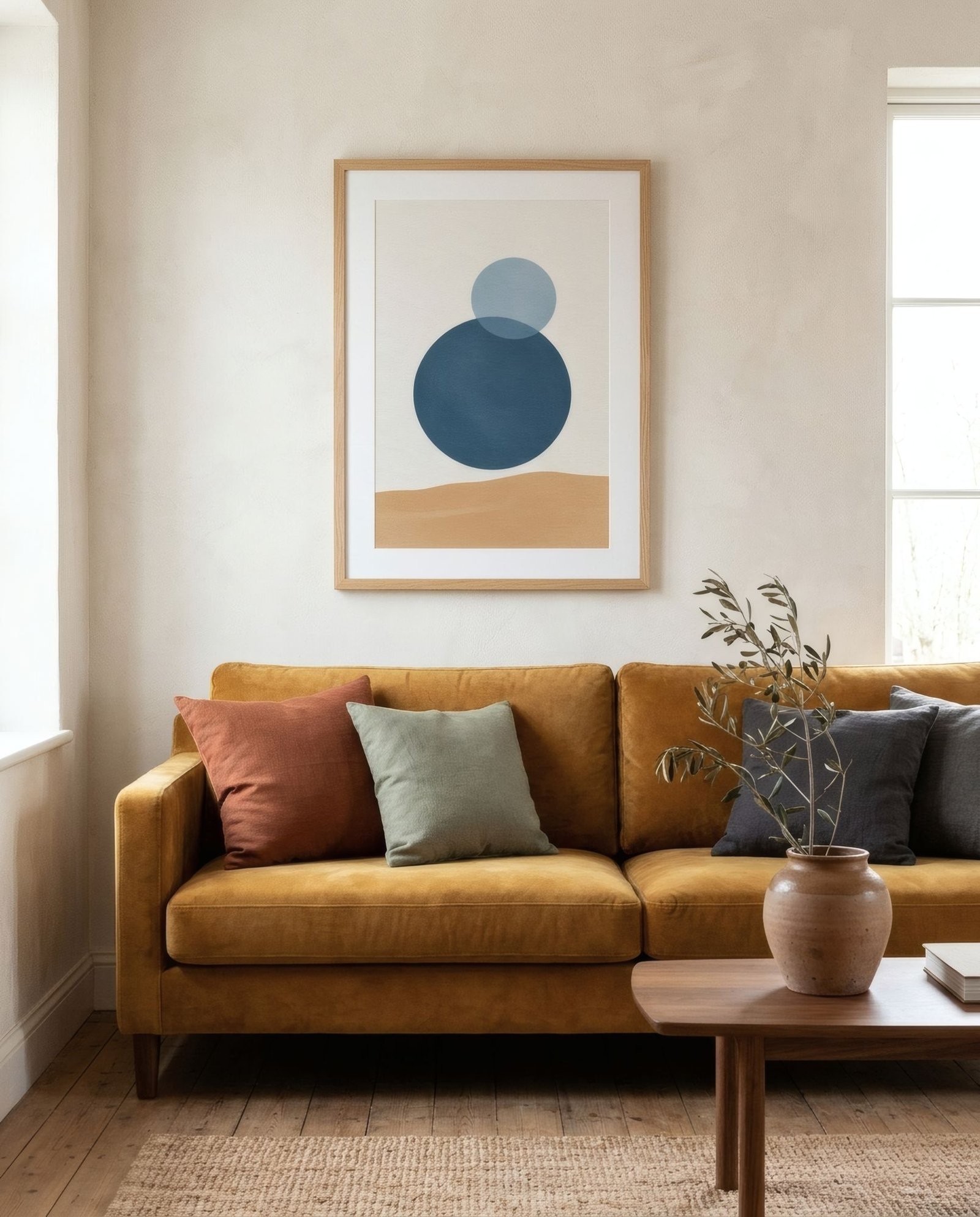 Mustard sofa with a muted-blue print hanging above it